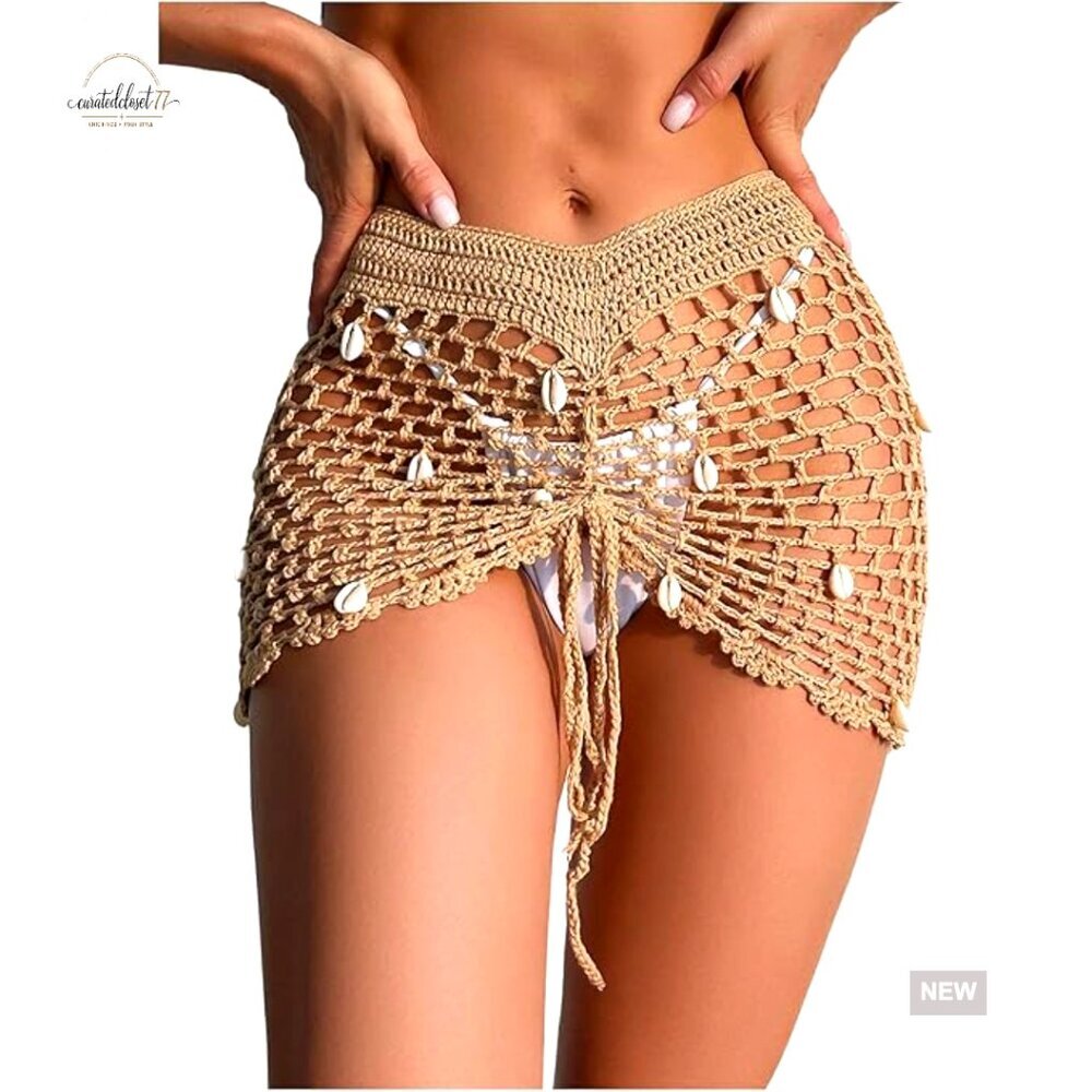 Medium Crochet Cover Up Skirt Drawstring Front Beach Swimwear